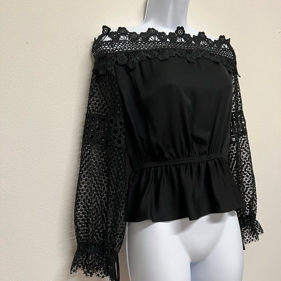 Self Portrait Womens Black Silk Blend Floral Lace Off The Shoulder Blouse US 6 - Picture 5 of 10
